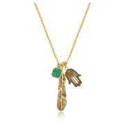 Men`s Golden Talisman Necklace with Large Feather, Malachite Square and Hamsa Hand Pendant