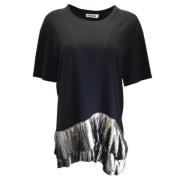 Sort Polyester Jil Sander Top, Metallic Plissé Trim, Størrelse US 8 / GER 38