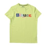 Børns Limegrøn T-shirt med Multifarvet Logo Print