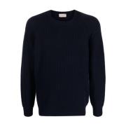 Blå Ribstrikket Crewneck Sweater