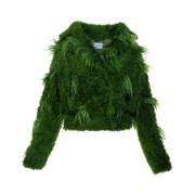 Kort grøn jakke med kunstig pels og trykknapper