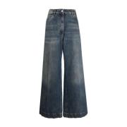 Blå Wide Leg Bomulds Jeans