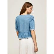 Denim V-Hals Bluse med Broderede Detaljer