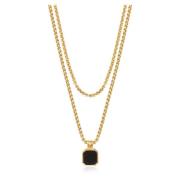 Gold Necklace Layer with 3mm Box Chain and Onyx Square Necklace