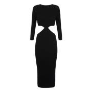 Ribbet Cut-Out Midi Kjole - Sort