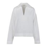 Hvid Poplin Skjorte med Spids Krave og V-Hals