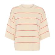 Stribet Pullover Sweater Hvid Hot Coral