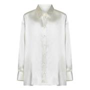 Hvid Silke Oversized Skjorte med Perlemor Knapper
