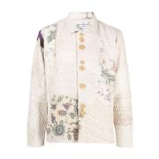 Beige Blomstret Patchwork Bomuld Frakke