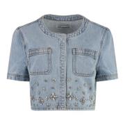 Broderet Denim Top med Lommer