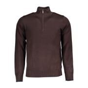 Brun Broderet Sweater med Halv Zip