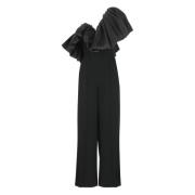 Sort V-Neck Jumpsuit med Ruffle Detalje