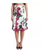 Hvid Rose Print A-line Midi Nederdel