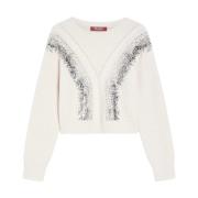 Hvid Uld Cropped Sweater med Spejlbroderi