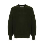 Khaki Ribstrikket Sweater med Rund Hals