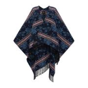 Uld poncho med blomstermotiv