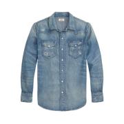 Blå denim western stil skjorte