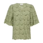 Elegant Bluse med Broderi Oil Green