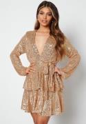 John Zack Sequin Deep V Ruffle Skater Dress Gold S (UK10)