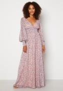 Goddiva Ditsy Long Sleeve Shirred Maxi Dress Blush M (UK12)