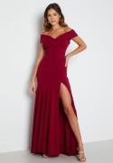 Goddiva Bardot Pleat Maxi Split Dress Wine L (UK14)