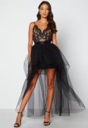 Goddiva Lace Bodice High Low Dress Black L (UK14)