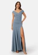 Goddiva Bardot Pleat Maxi Split Dress Air Force Blue XXL (UK18)