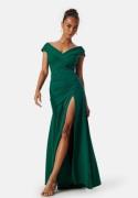 Goddiva Bardot Pleat Maxi Split Dress Dark green M (UK12)