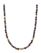 Beaded Necklace With Dumortierite, Brown Tiger Eye, And Gold Halskæde Smykker Blue Nialaya