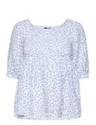 Hazel Printed Linen Smock Top Tops Blouses Short-sleeved Blue Lexington Clothing