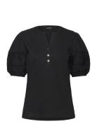 Lace-Trim Jersey Puff-Sleeve Henley Tee Tops Blouses Short-sleeved Black Lauren Ralph Lauren