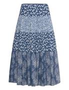 Patchwork Floral Voile Tiered Skirt Knælang Nederdel Blue Lauren Ralph Lauren