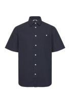 Regular Linen Look Short Sleeve Shi Tops Shirts Short-sleeved Navy Knowledge Cotton Apparel