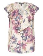Floral Linen Flutter-Sleeve Shirt Tops Blouses Sleeveless Pink Lauren Ralph Lauren