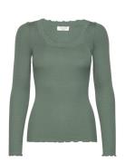 Silk T-Shirt W/ Lace Tops T-shirts & Tops Long-sleeved Khaki Green Rosemunde