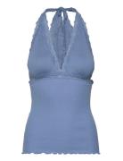 Silk Halter Neck W/ Lace Tops T-shirts & Tops Sleeveless Blue Rosemunde