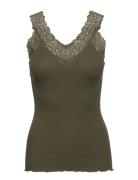 Organic Top W/ Lace Tops T-shirts & Tops Sleeveless Khaki Green Rosemunde