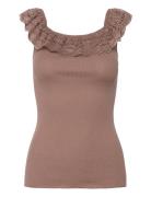 Silk Off Shoulder Top W/ Lace Tops T-shirts & Tops Sleeveless Brown Rosemunde