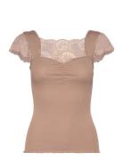 Silk T-Shirt W/ Lace Tops T-shirts & Tops Short-sleeved Brown Rosemunde