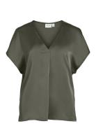 Viellette V-Neck S/S Satin Top - Noos Tops T-shirts & Tops Short-sleeved Khaki Green Vila