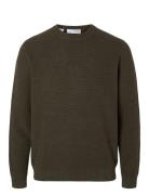 Slhross Ls Knit Structure Crew Neck Noos Tops Knitwear Round Necks Green Selected Homme