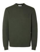 Slhdane Ls Knit Structure Crew Neck Noos Tops Knitwear Round Necks Green Selected Homme