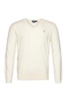 Slim Fit Textured Cotton Sweater Tops Knitwear V-necks Cream Polo Ralph Lauren