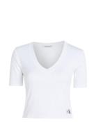 Woven Label Rib V-Neck Tee Tops Crop Tops Short-sleeved Crop Tops White Calvin Klein Jeans