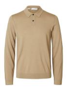 Slhtray Ls Knit Merino Polo Noos Tops Knitwear Long Sleeve Knitted Polos Beige Selected Homme