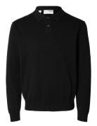 Slhreg-Kris Knit Ls Polo Tops Knitwear Long Sleeve Knitted Polos Black Selected Homme