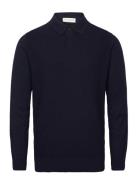 Cosy Structured Knit Polo Tops Knitwear Long Sleeve Knitted Polos Navy Tom Tailor