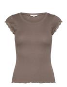 Short Sleeve Top W/ Lace Tops T-shirts & Tops Short-sleeved Brown Rosemunde