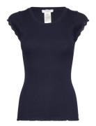 Short Sleeve Top W/ Lace Tops T-shirts & Tops Short-sleeved Navy Rosemunde