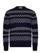 Knitted Pattern Crew Neck - Rws Tops Knitwear Round Necks Navy Knowledge Cotton Apparel